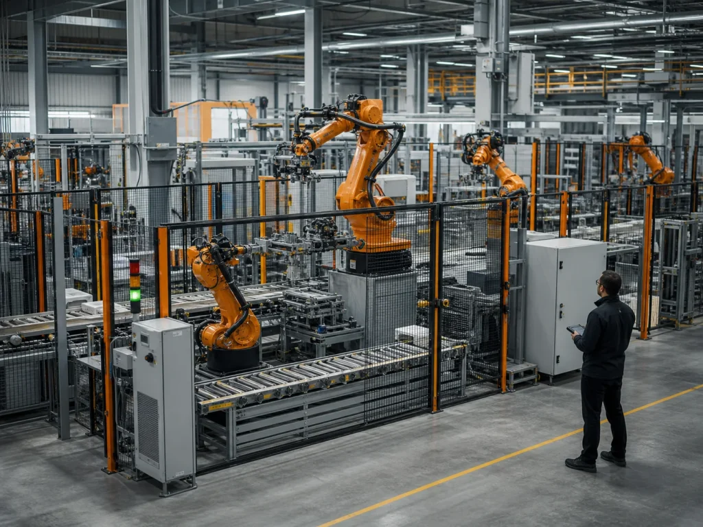 Automatizované robotické pracovisko vo výrobnej hale