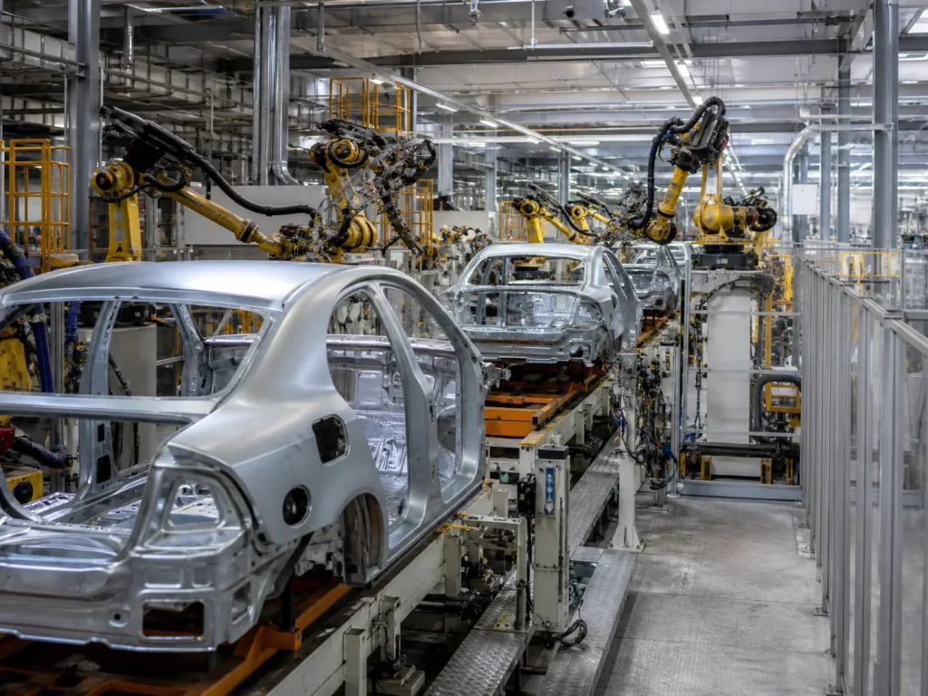 Automobilová výrobná linka s robotickými pracoviskami
